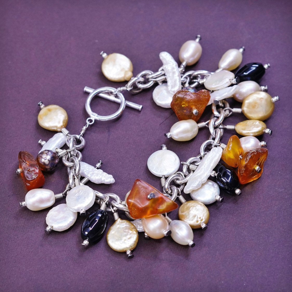 7.25", Sterling silver bracelet, 925 circle chain w/ pearl N amber obsidian