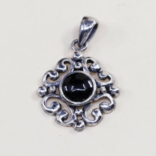 Vtg Sterling Silver Handmade Pendant Solid silver Bali / Obsidian, stamped 925