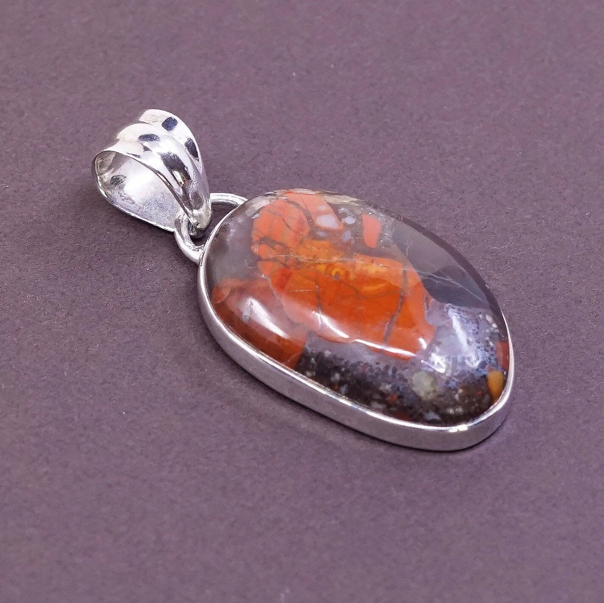 vtg Sterling silver handmade pendant with red and orange landscape jasper