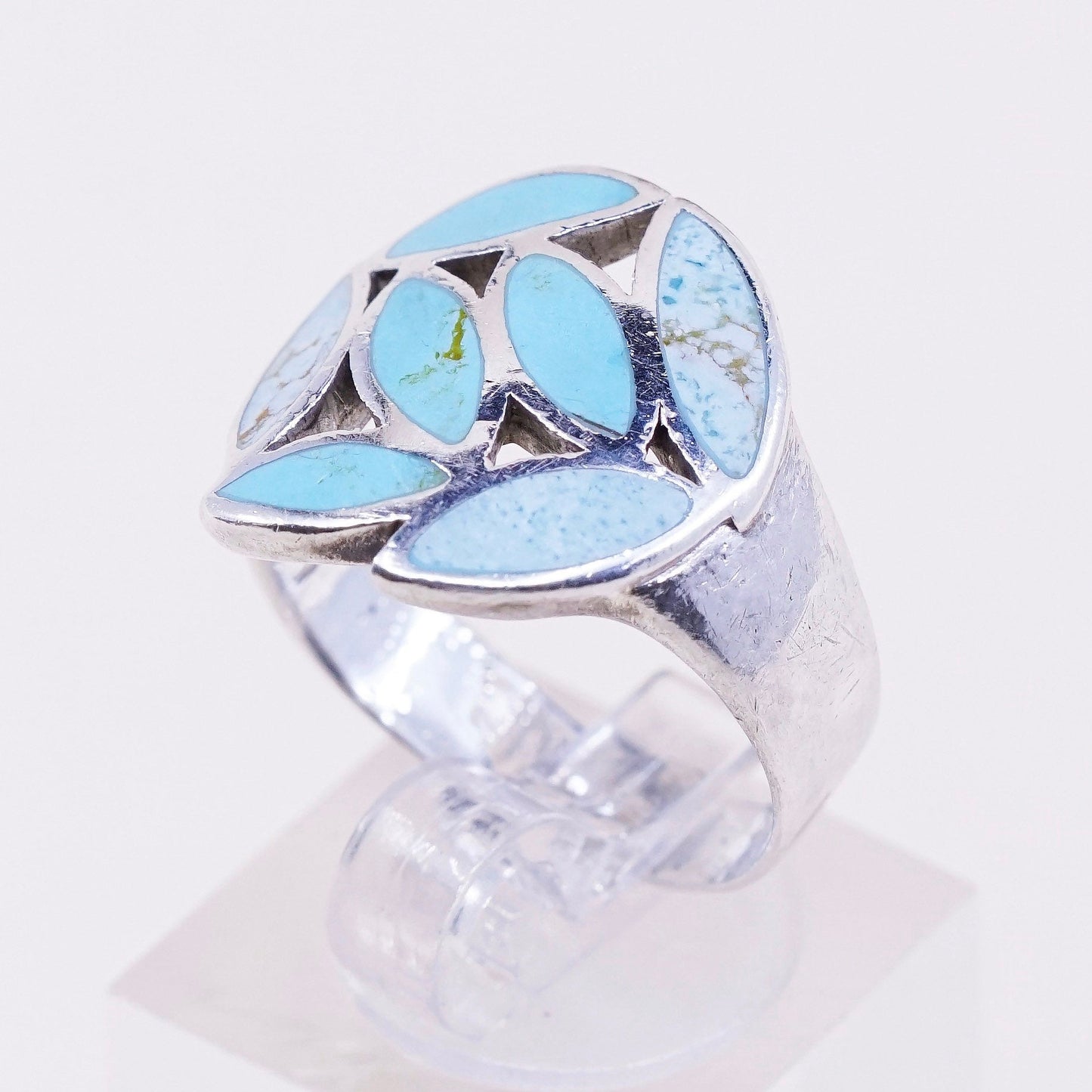 sz 8.5, vtg sterling 925 silver handmade ring with turquoise leaf, southwestern