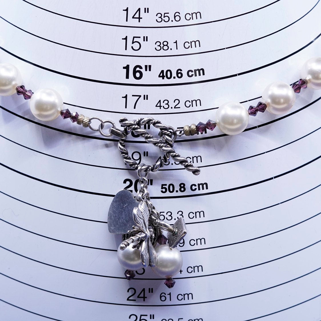 18", Sterling silver handmade necklace, 925 beads w/ pearl dragonfly horseshoe