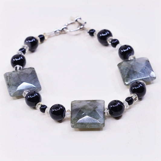 7”, Vintage handmade bracelet with square labradorite and obsidian