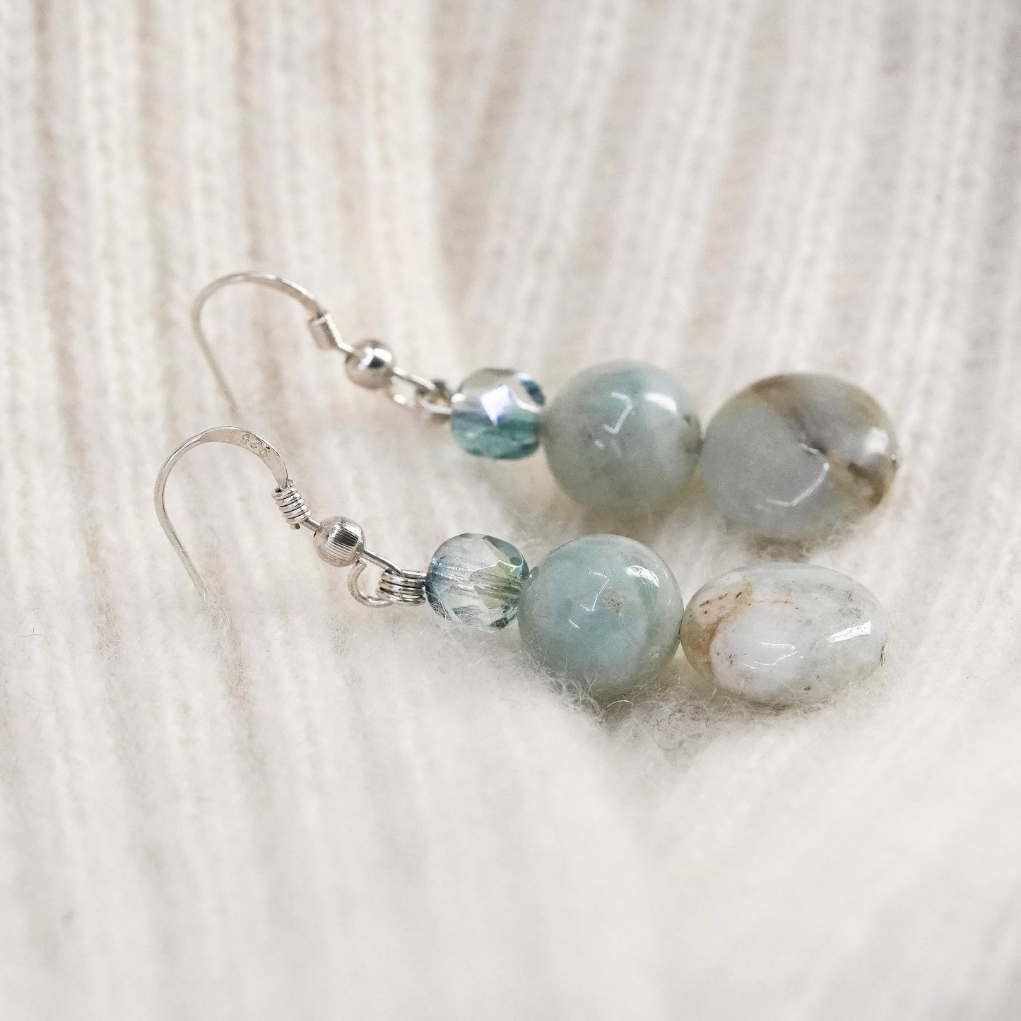 Vintage sterling silver handmade earrings, 925 hooks with jade and topaz beads