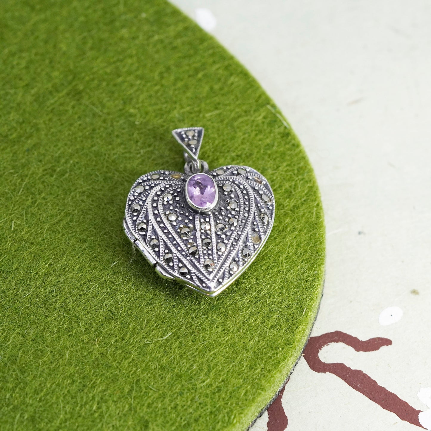 Sterling silver handmade pendant, 925 heart locket charm amethyst Marcasite