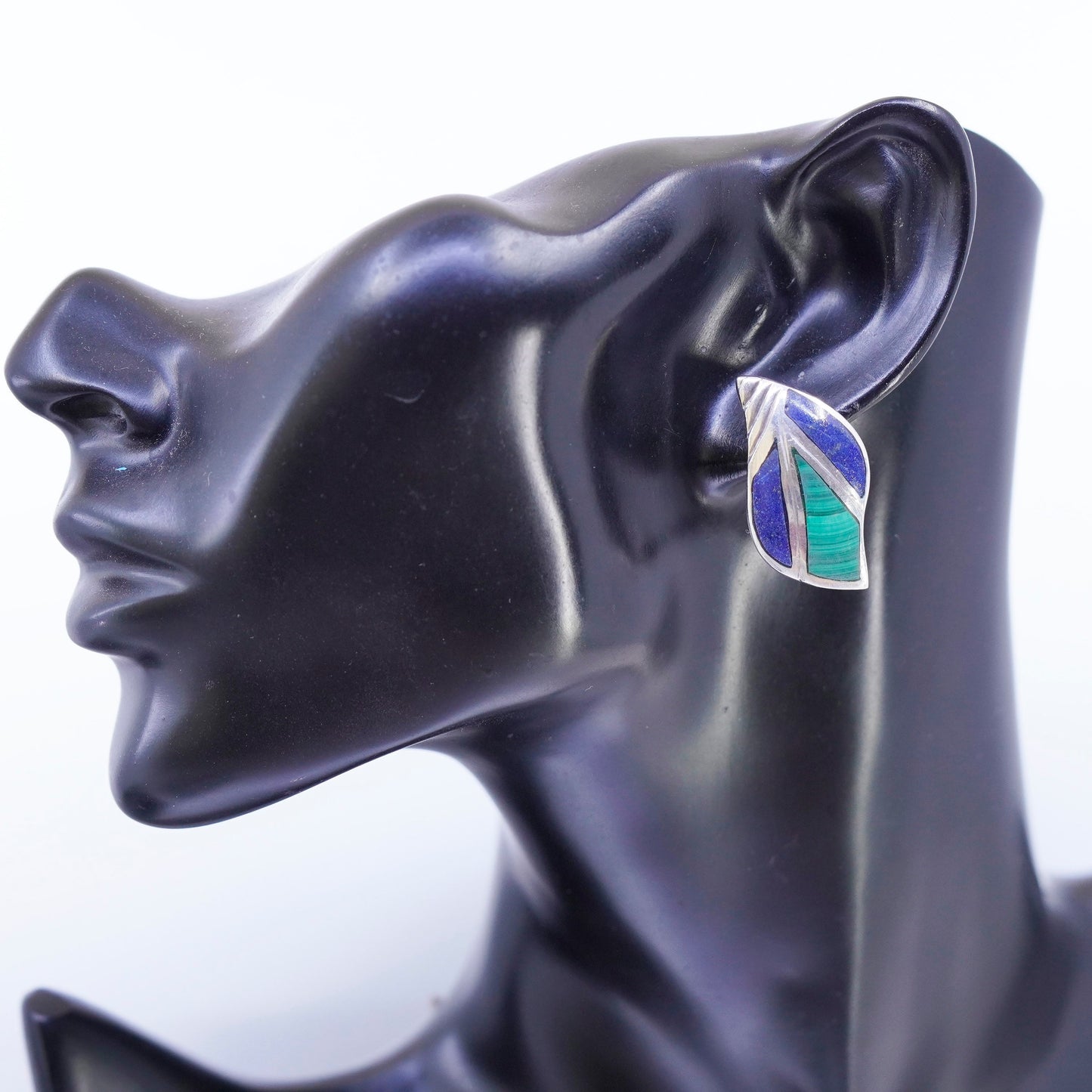 Sterling 925 silver handmade earrings, leafy clip on w/ malachite lapis lazuli