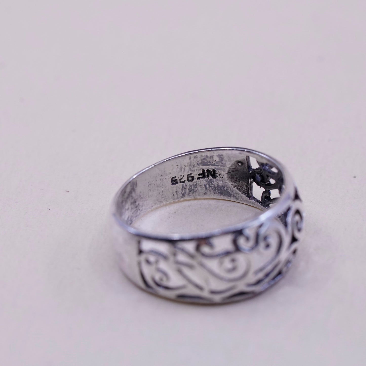 Size 7, vintage sterling silver handmade ring, 925 whirl filigree band