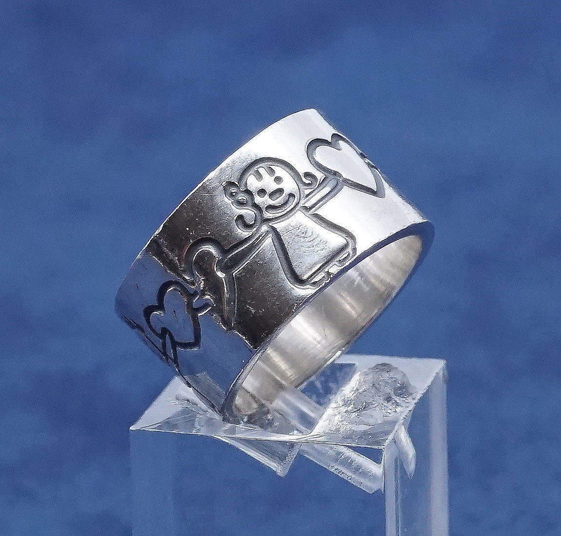 sz 6.5, vtg Sterling silver handmade ring, FAS 925 band engraved kids n heart