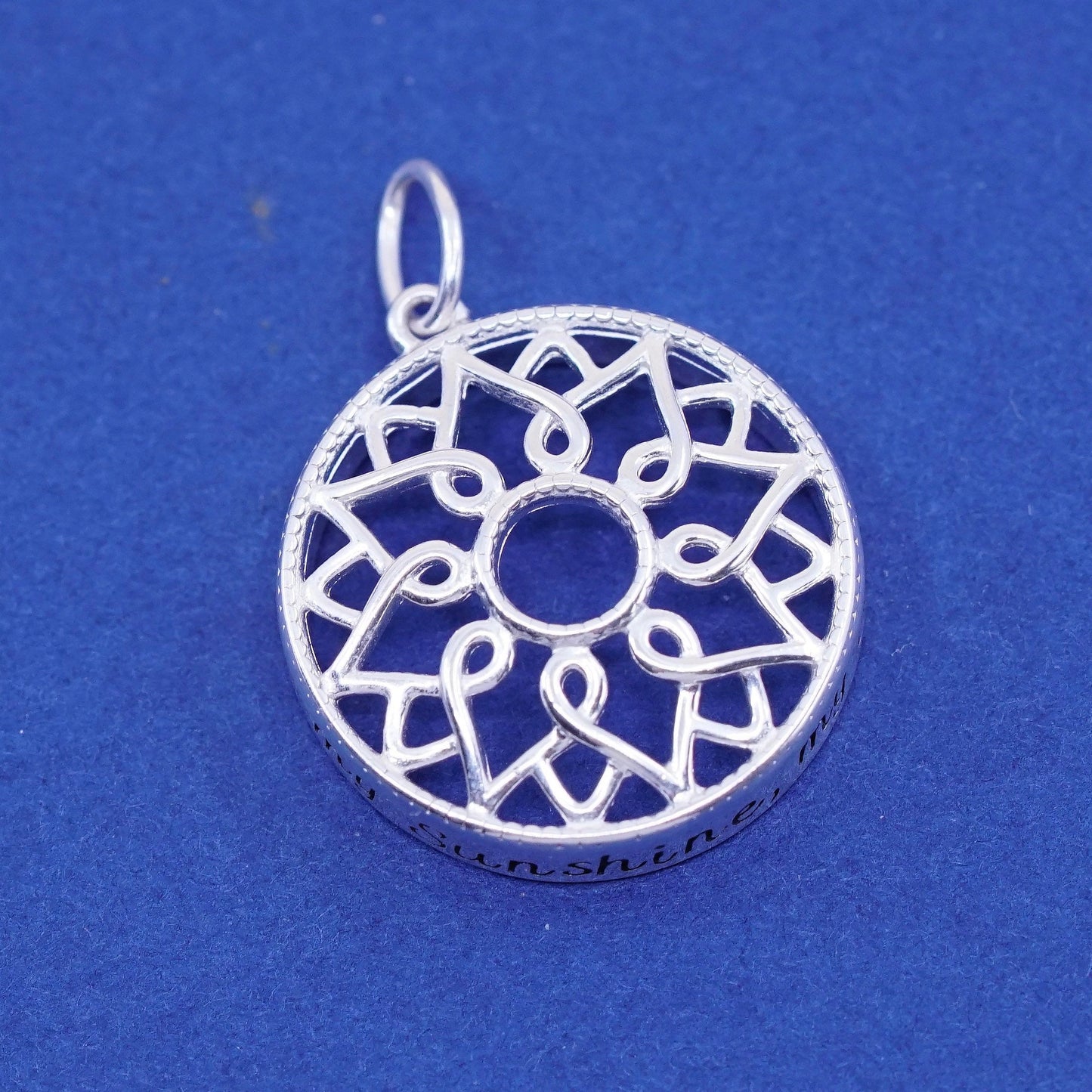 vtg sterling 926 silver handmade pendant, filigree swirl circle charm sunshine