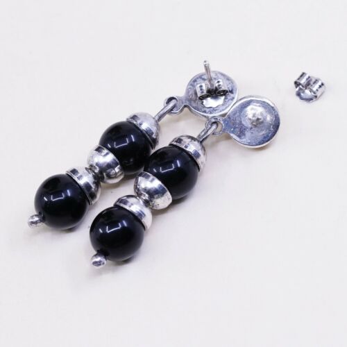 vtg Sterling silver handmade earrings, 925 w/ obsidian beads