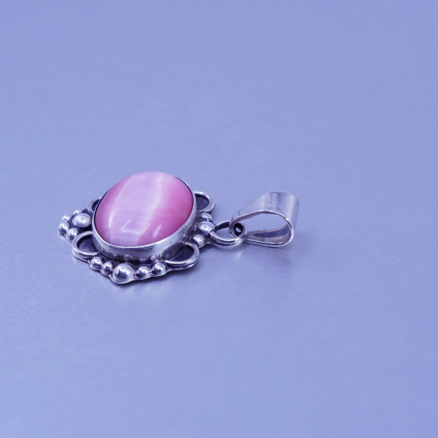 antique sterling 925 silver beads pendant with oval pink cat’s eye