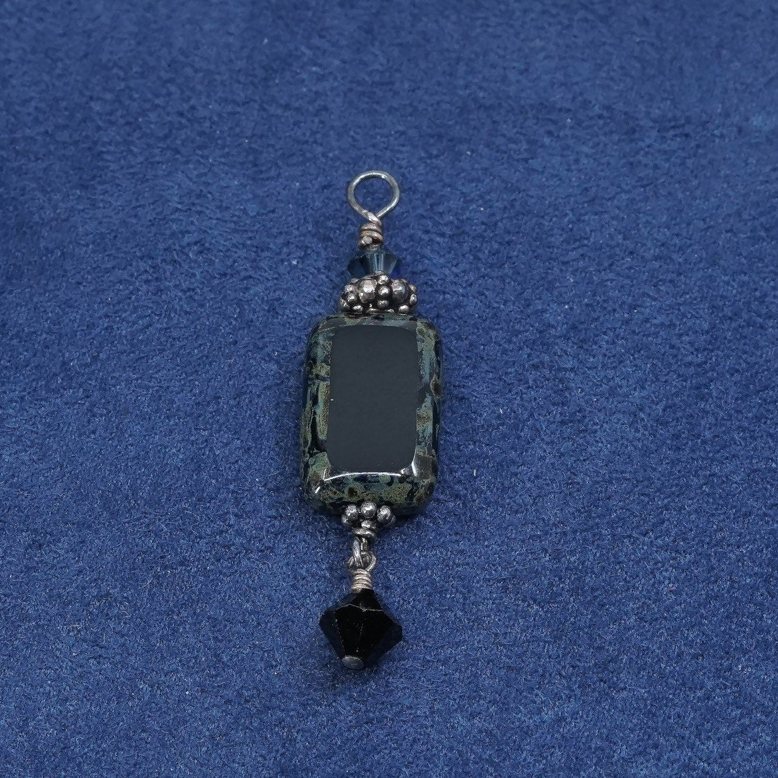 vtg Sterling silver handmade charm pendant, 925 w/ obsidian N beads