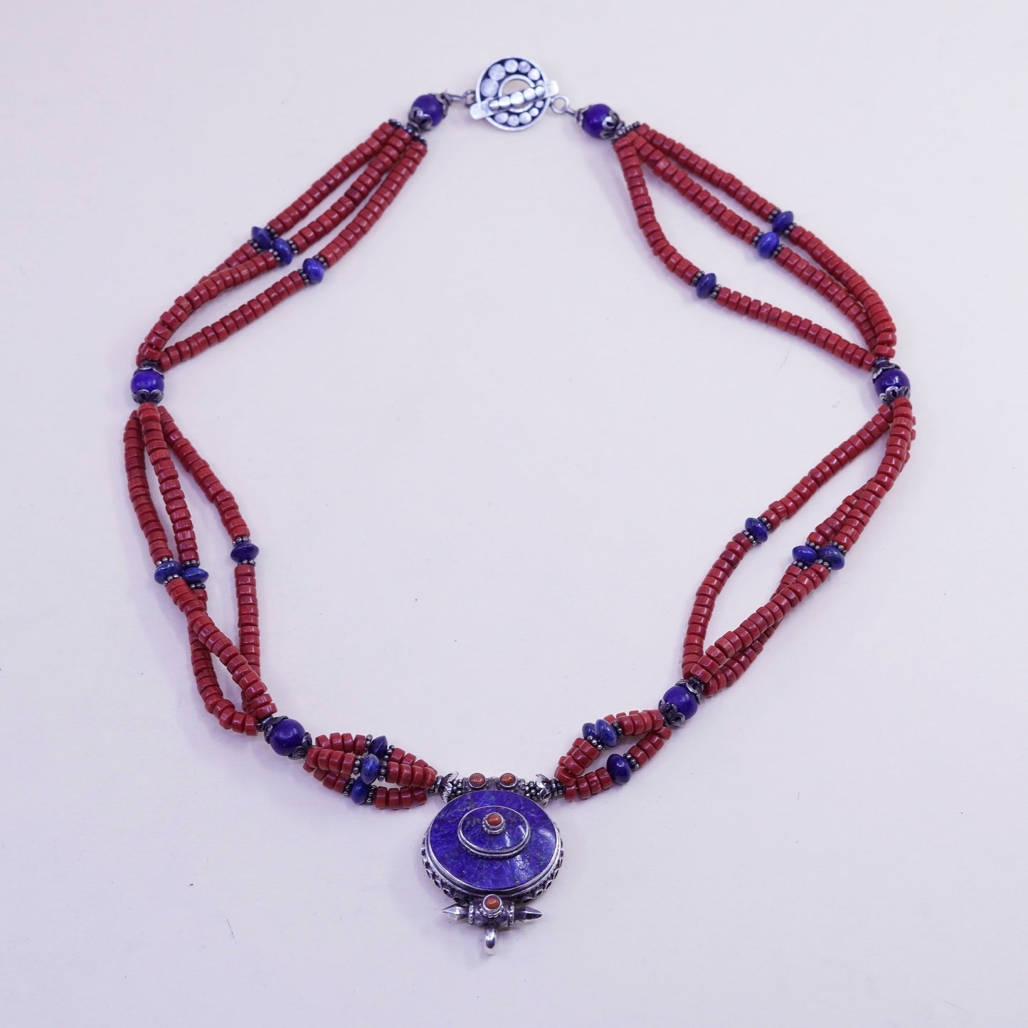 18”, native American Sterling 925 silver necklace, Coral heishi lapis lazuli