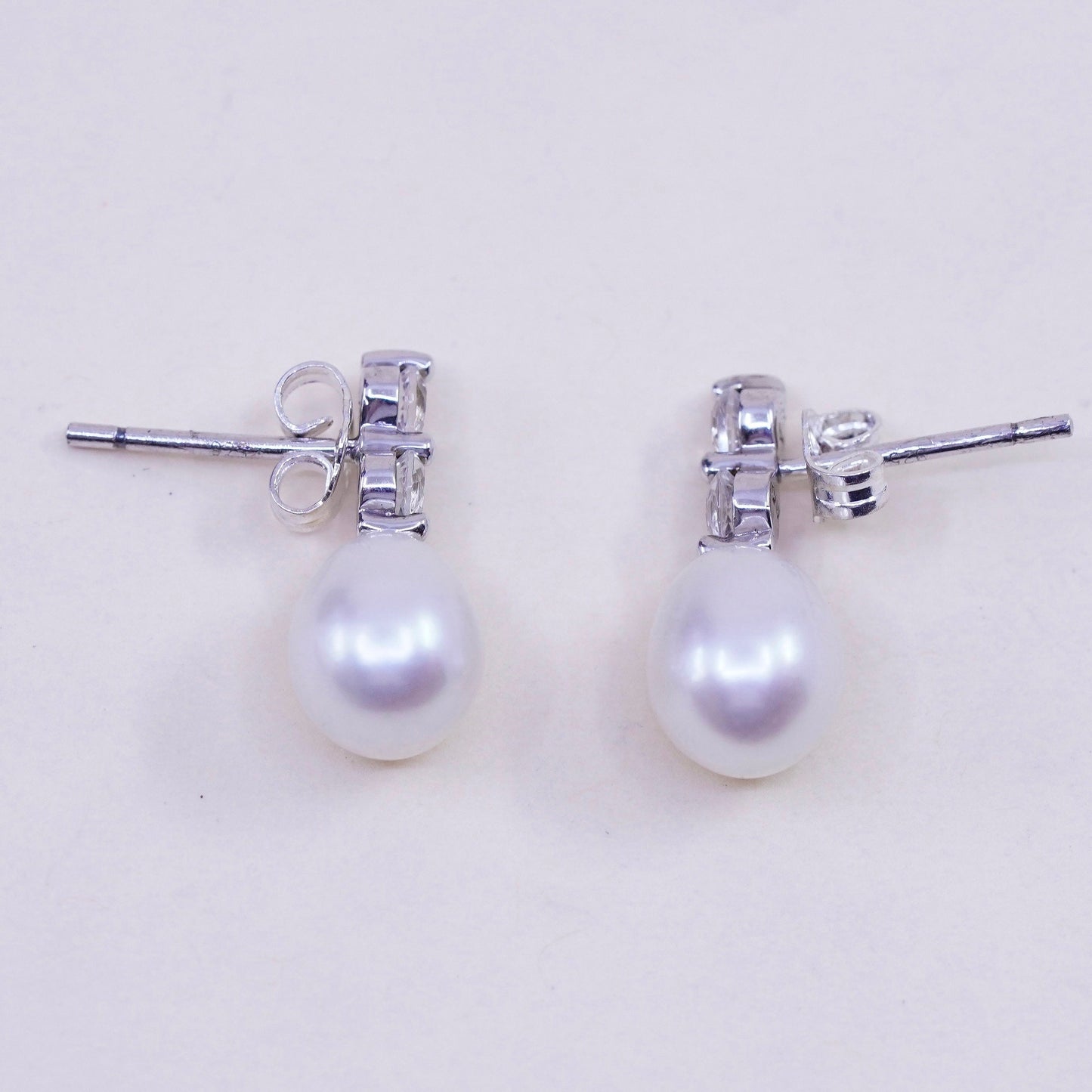 Vintage sterling silver earrings, 925 studs with pearl and cz