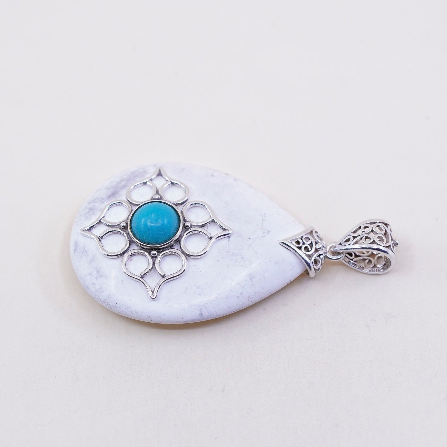 Sterling 925 silver handmade slide pendant with teardrop howlite and turquoise