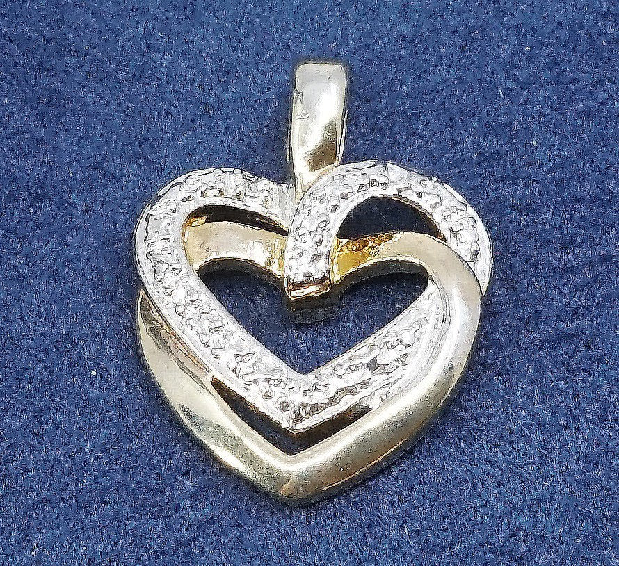 vtg gold over Sterling silver handmade pendant, 925 double heart w/ crystal