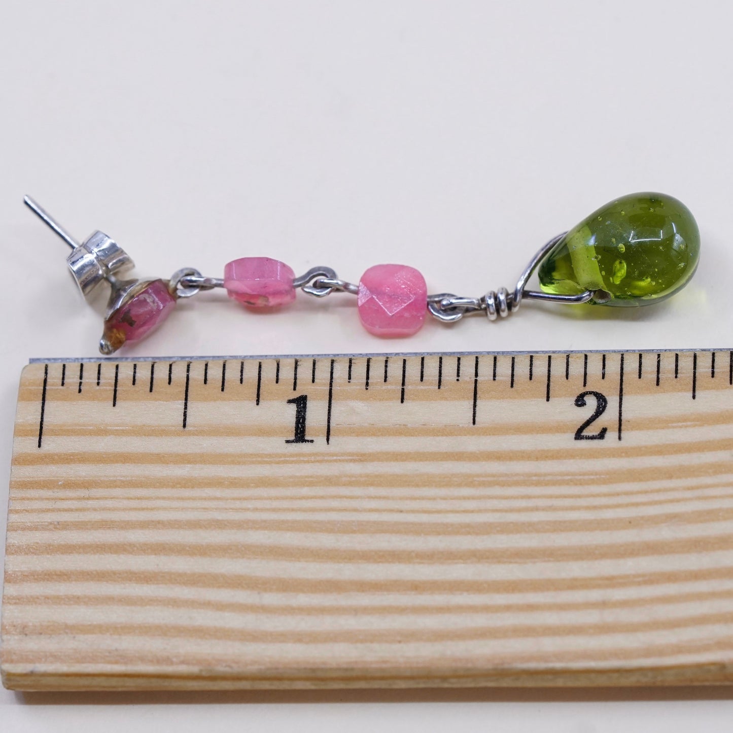 Sterling 925 silver handmade earrings w/ Indian ruby N green teardrop glass