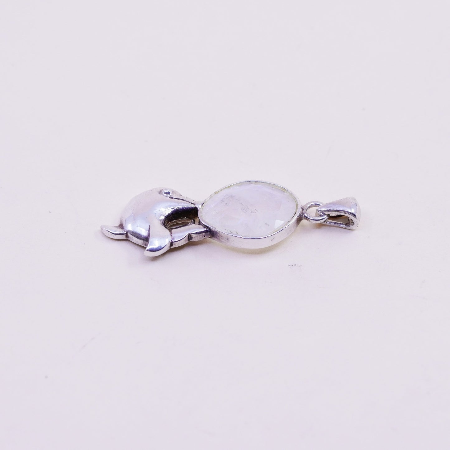 Vintage Sterling 925 silver handmade dolphin pendant with moonstone