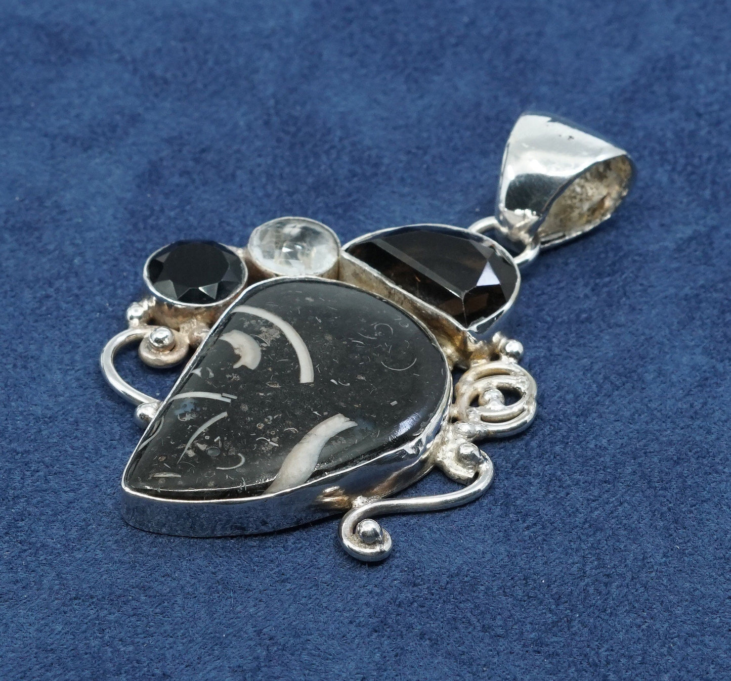 vtg Sterling 925 silver handmade pendant w/ black agate smoky topaz N crystal