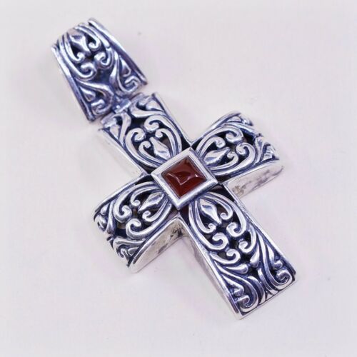 Vintage Sterling Silver Handmade Pendant, 925 Filigree Bali cross W/ Carnelian