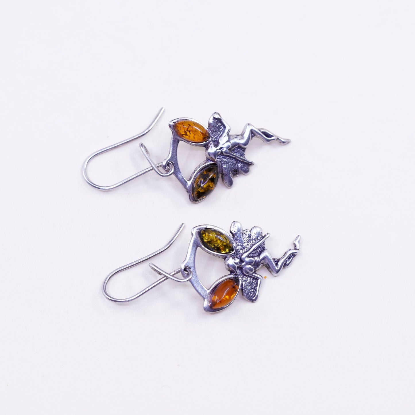 Vintage Sterling silver handmade earrings, 925 fairy with amber
