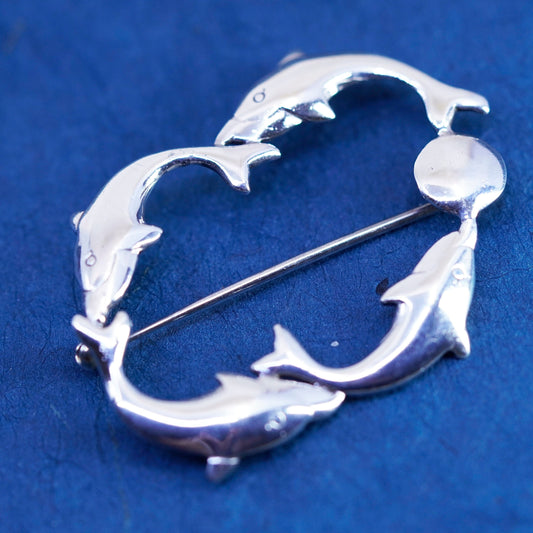 vintage Sterling 925 silver handmade brooch, four dolphin circle pin