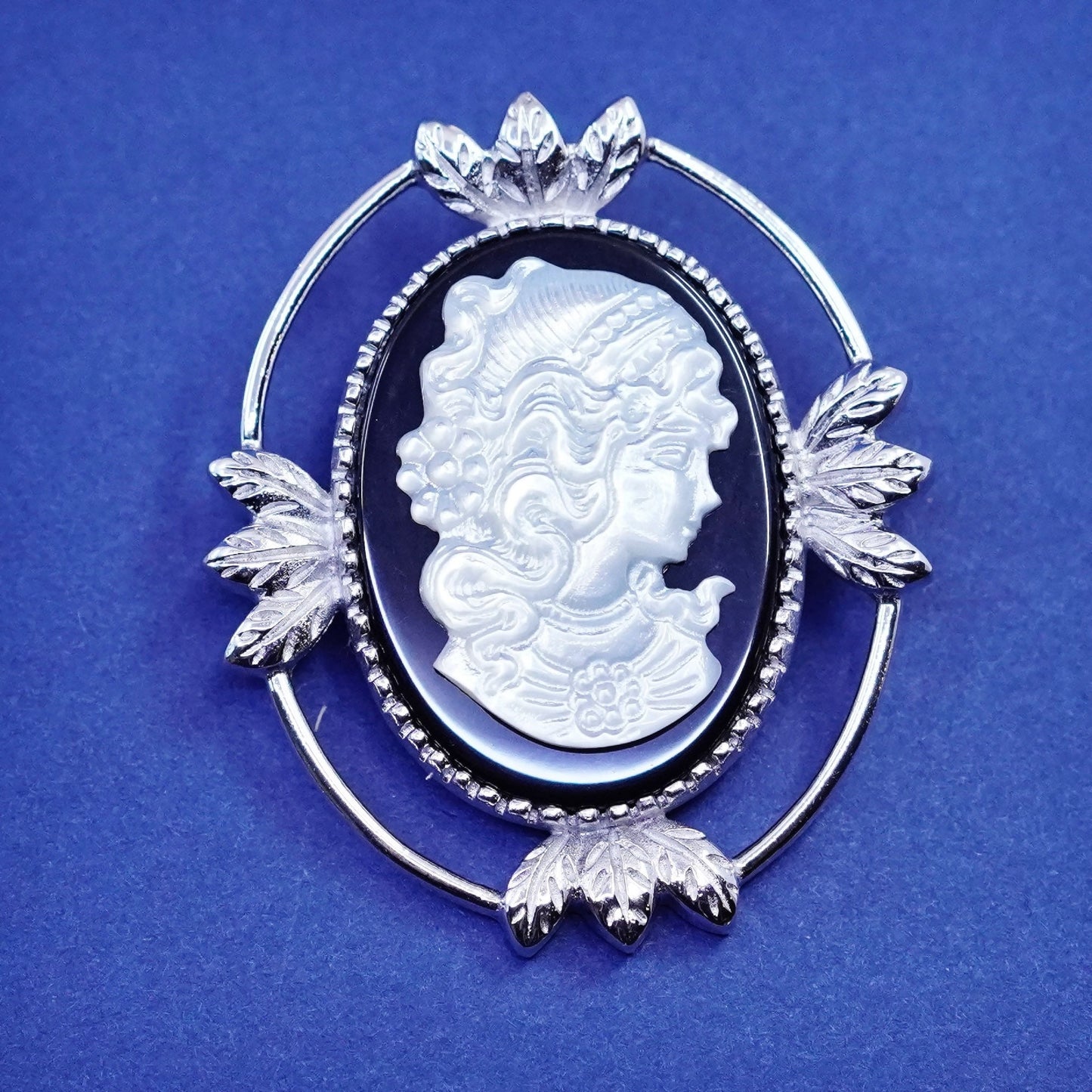 Sterling 925 silver obsidian brooch cameo mother of pearl woman Portrait