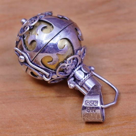 Vtg Two Tone Bali Handmade Sterling 935 Silver Pendant W/ Brass Chime Ball