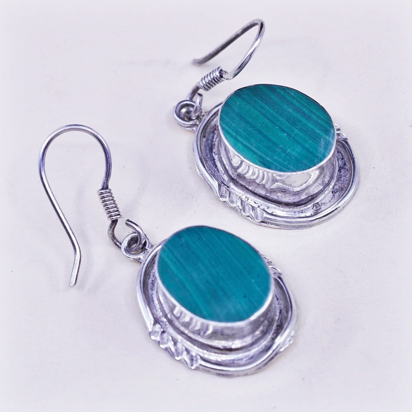 Vintage Mexico sterling 925 silver handmade earrings with oval malachite