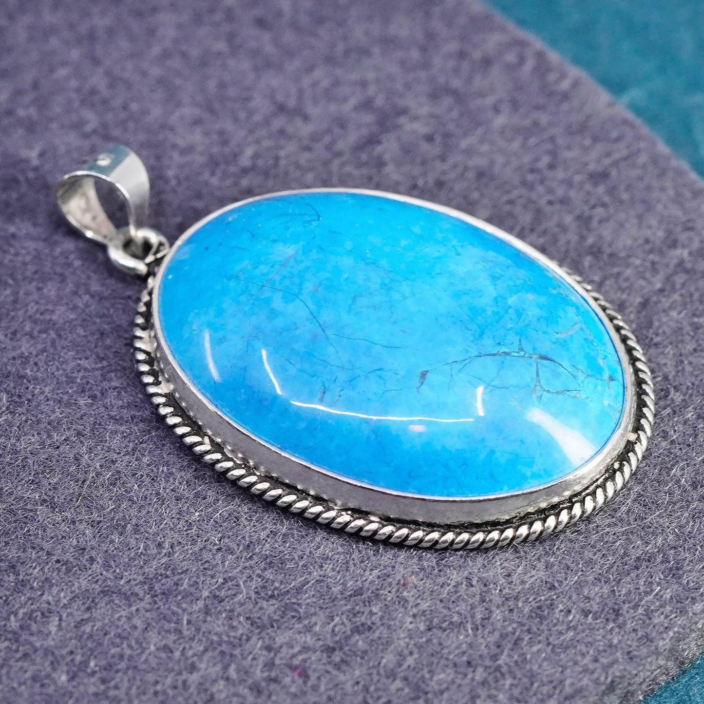 Vintage sterling 925 silver handmade pendant with oval blue agate