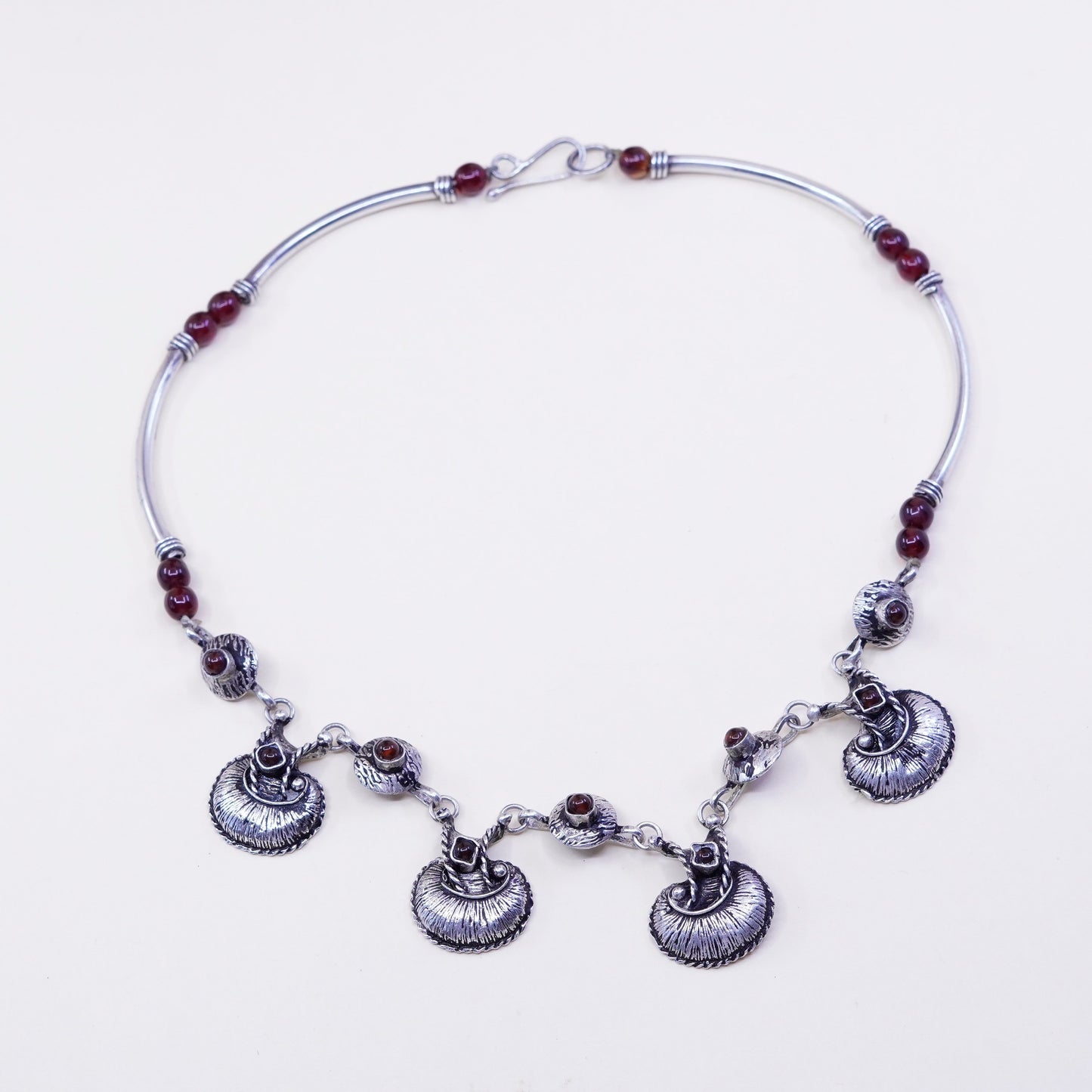 16”, unique sterling silver handmade necklace, 925 bar chain garnet pendant