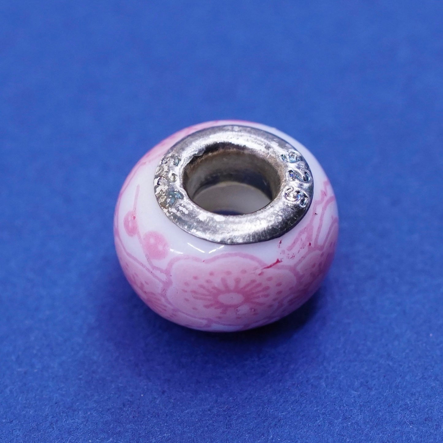 Sterling silver handmade bead pendant, 925 charm pink floral ceramics pottery