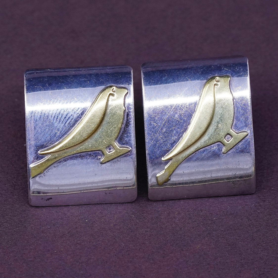 vtg Sterling silver handmade earrings, 925 studs engraved brass bird