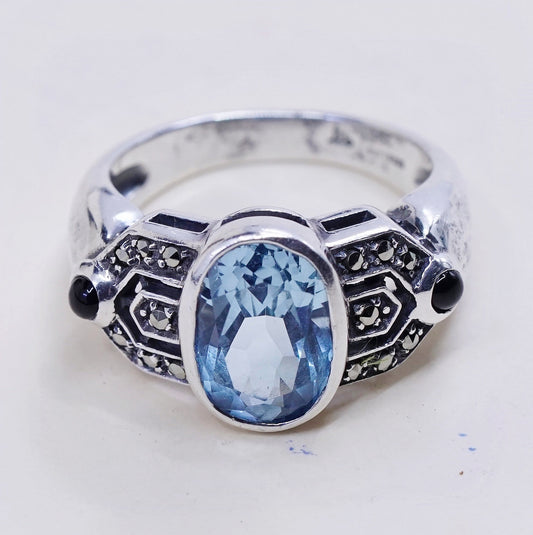 Size 7.25, vtg Karana Sterling silver statement engagement ring with blue topaz