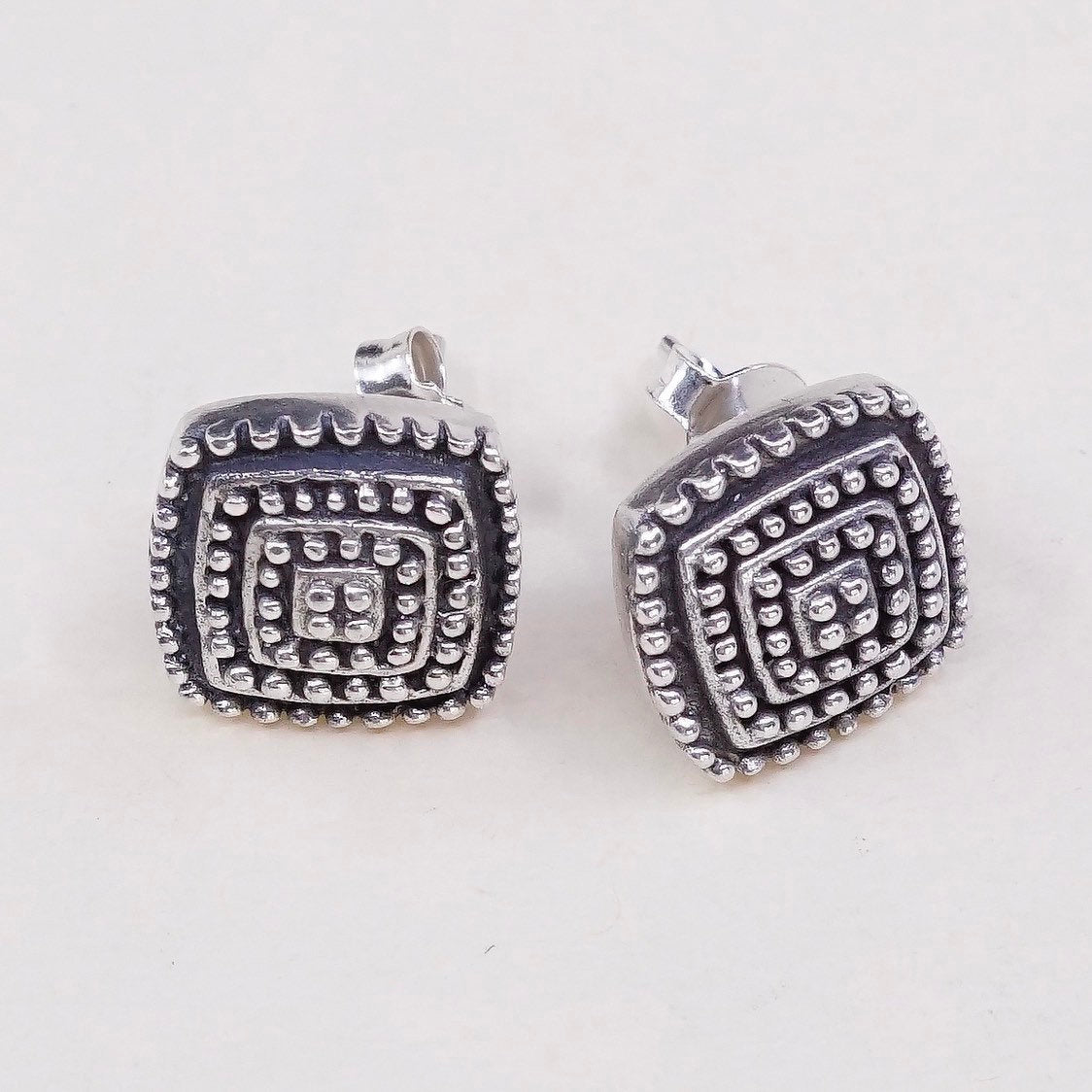 vtg sterling silver handmade earrings, solid 925 silver studs with beads