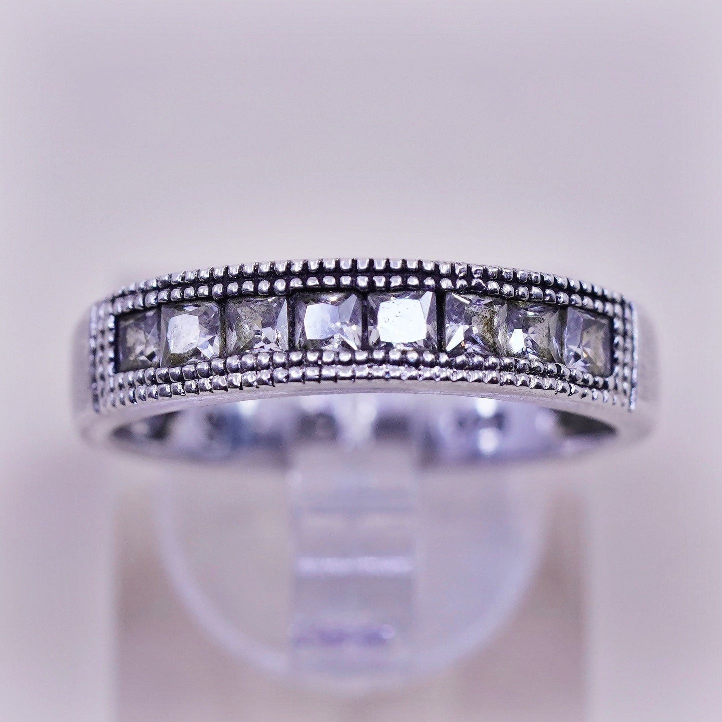 Size 9, sterling 925 silver ring with cluster square CZ, stackable wedding band