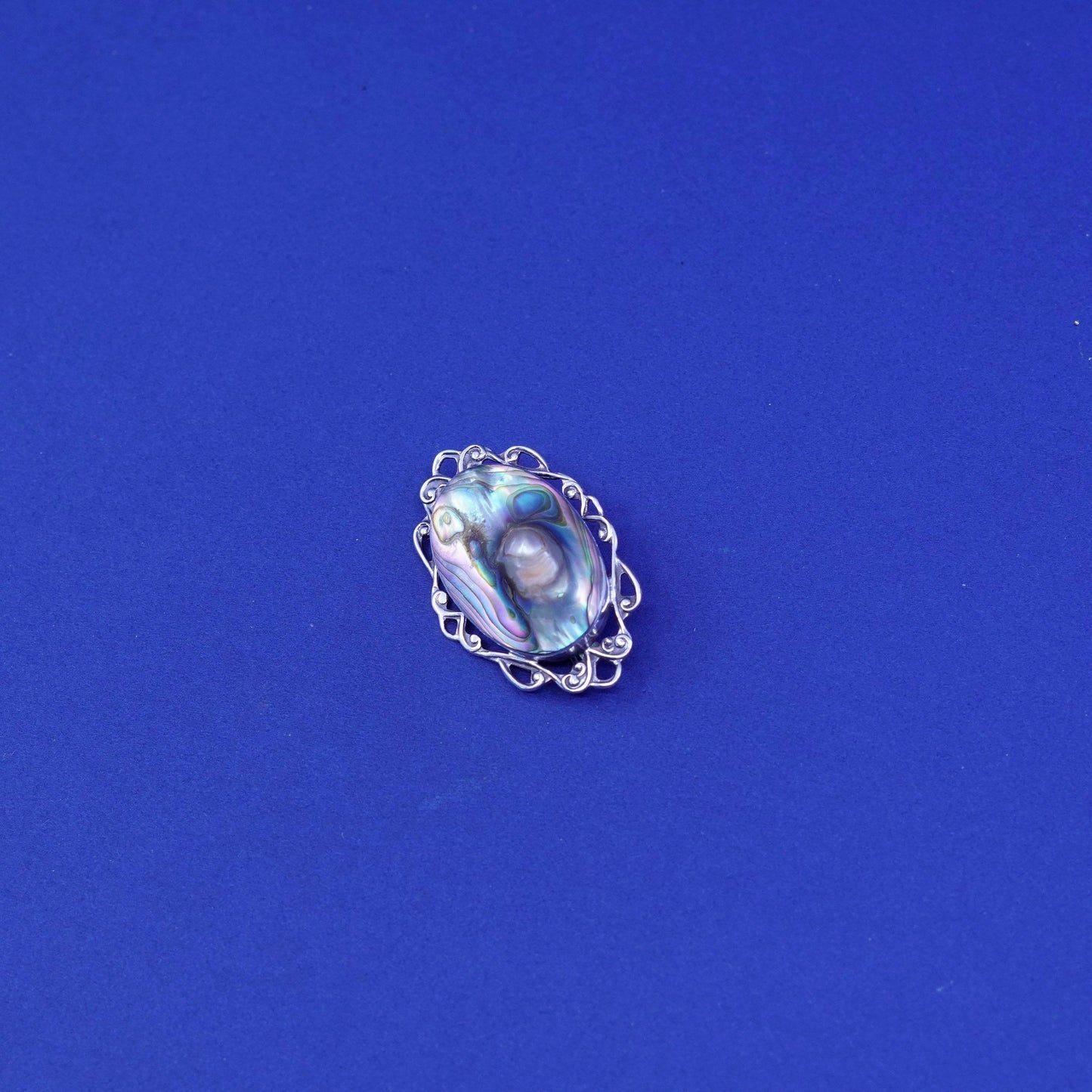 Vintage sterling 925 silver handmade brooch, oval pendant abalone blaster pearl