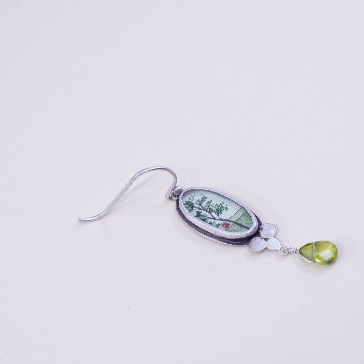 Designer Ananda KHALSA Sterling 925 silver handmade earrings, watercolor green spring maple and peridot drop, stamped 925 A