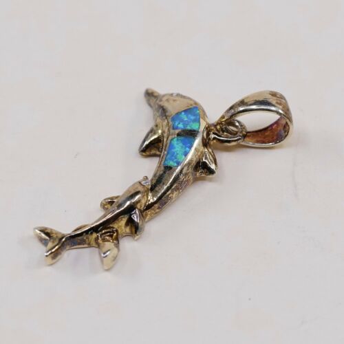 Vtg Vermeil Gold Over Sterling Silver Dolphin Pendant W/ Opal Inlay