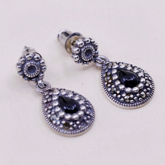 Vintage Sterling silver handmade earrings, 925 drops w/ obsidian and marcasite