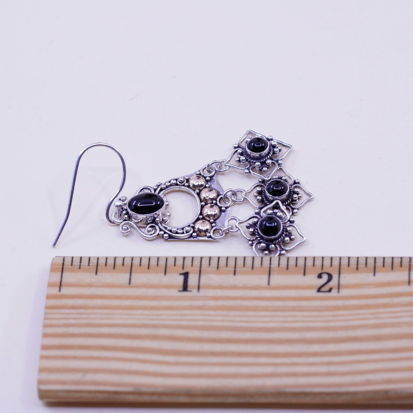 Vintage two tone Sterling 925 silver handmade earrings with obsidian and beads