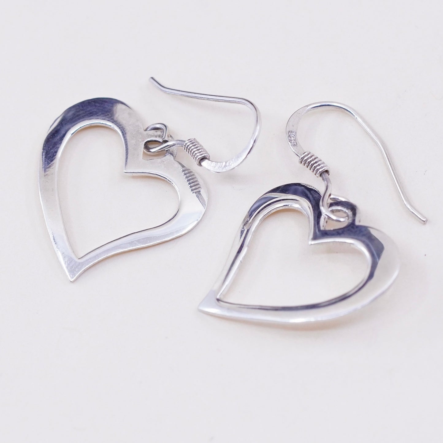 Vintage sterling silver handmade earrings, 925 heart dangles