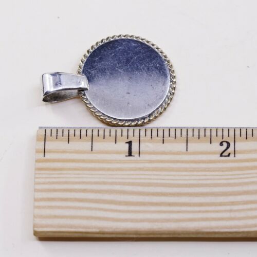 Vtg two tone Sterling silver pendant, 925 Handmade Circle Tag W/ Brass Around