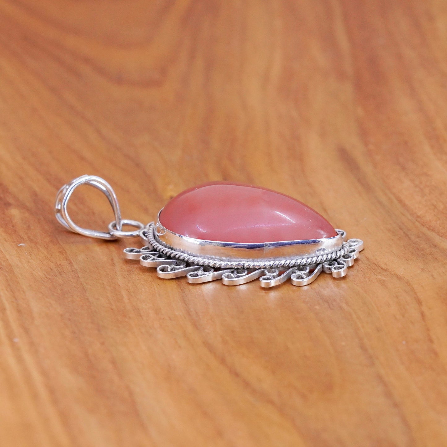 Vintage Sterling 925 silver handmade pendant with teardrop pink rose quartz