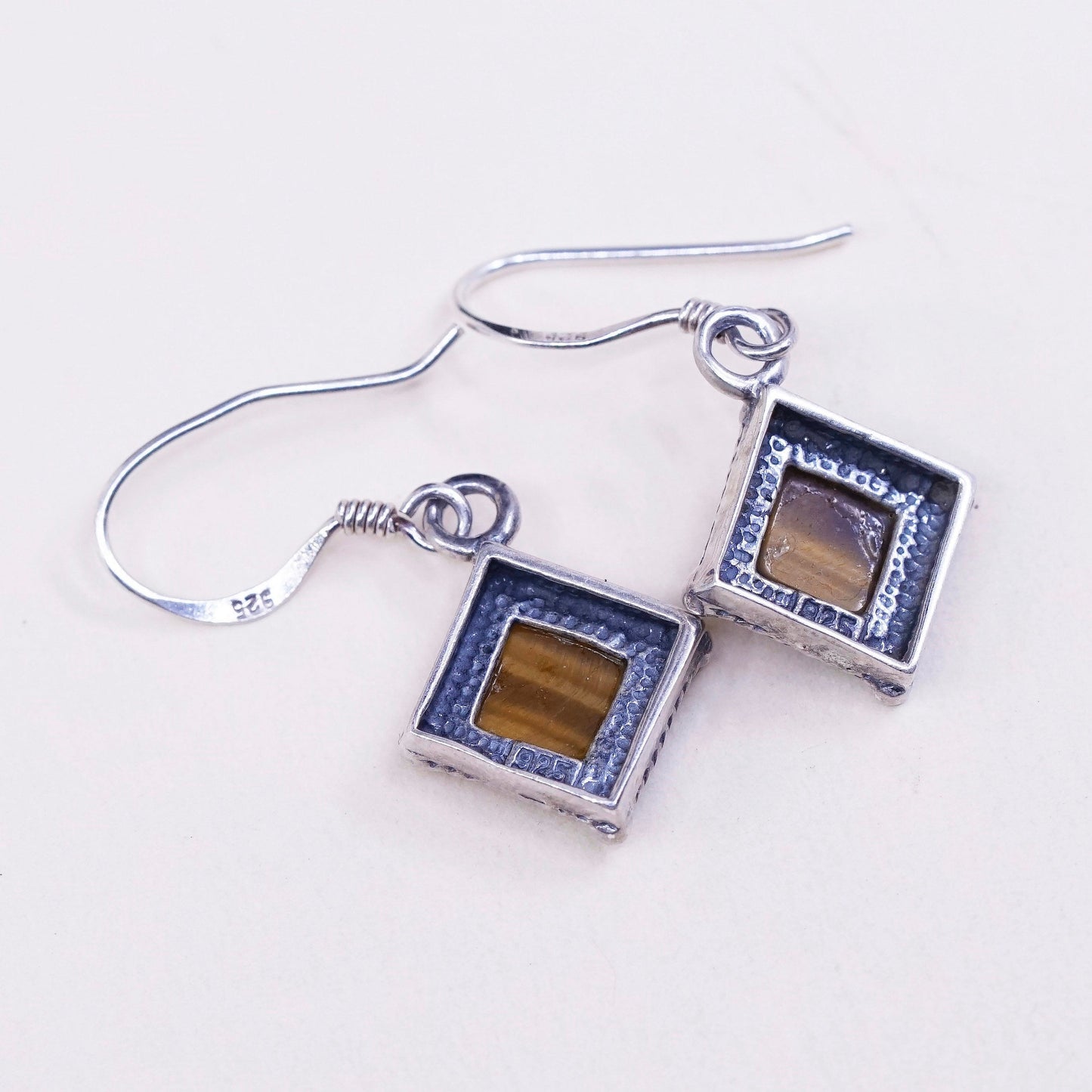 Vintage Sterling 925 silver handmade earrings with square tiger eye dangles