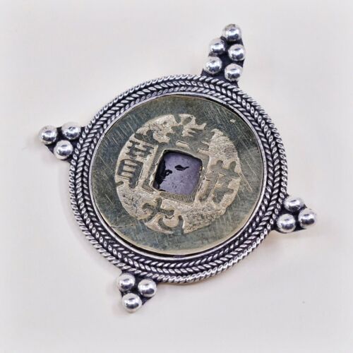 Antique 1800s / 19th Century Chinese Coin in Sterling 925 Silver Bezel Pendant