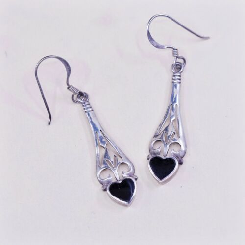 Vtg Sterling Silver Handmade Earrings, 925 Silver W/ Obsidian Heart N Filigree