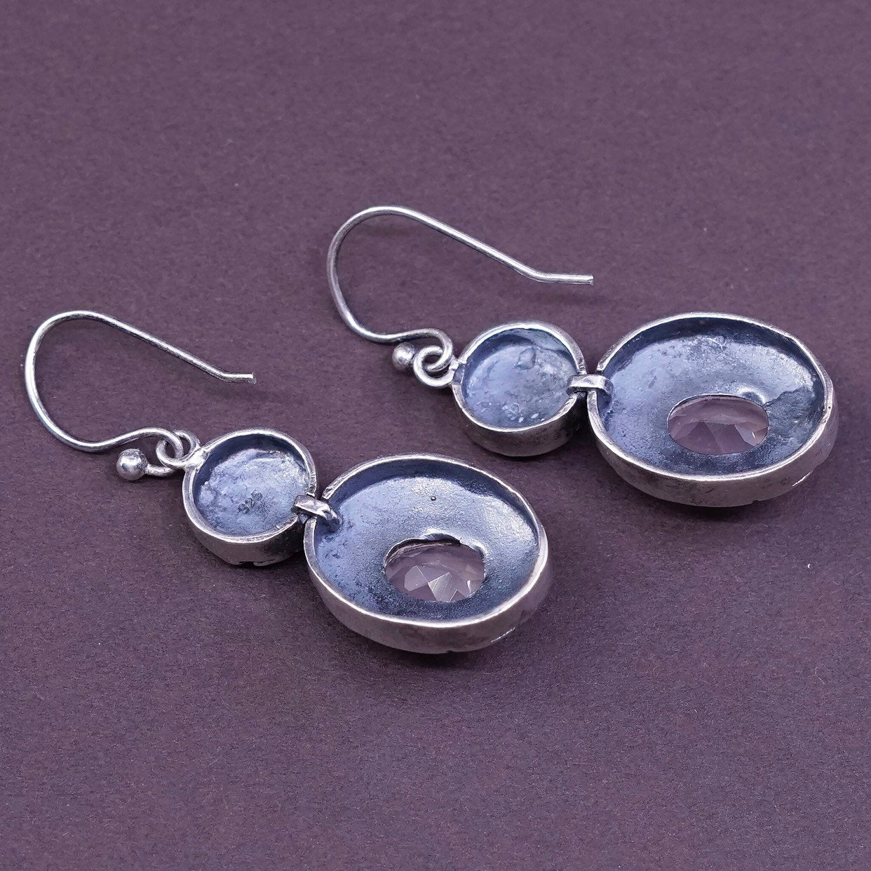 vtg Sterling silver handmade earrings, 925 w/ oval cut amethyst dangle