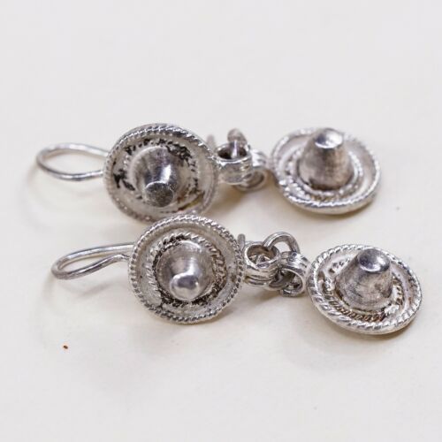 Vtg Sterling Silver handmade Earrings, 925 Mexico Sombrero Hat Dangles