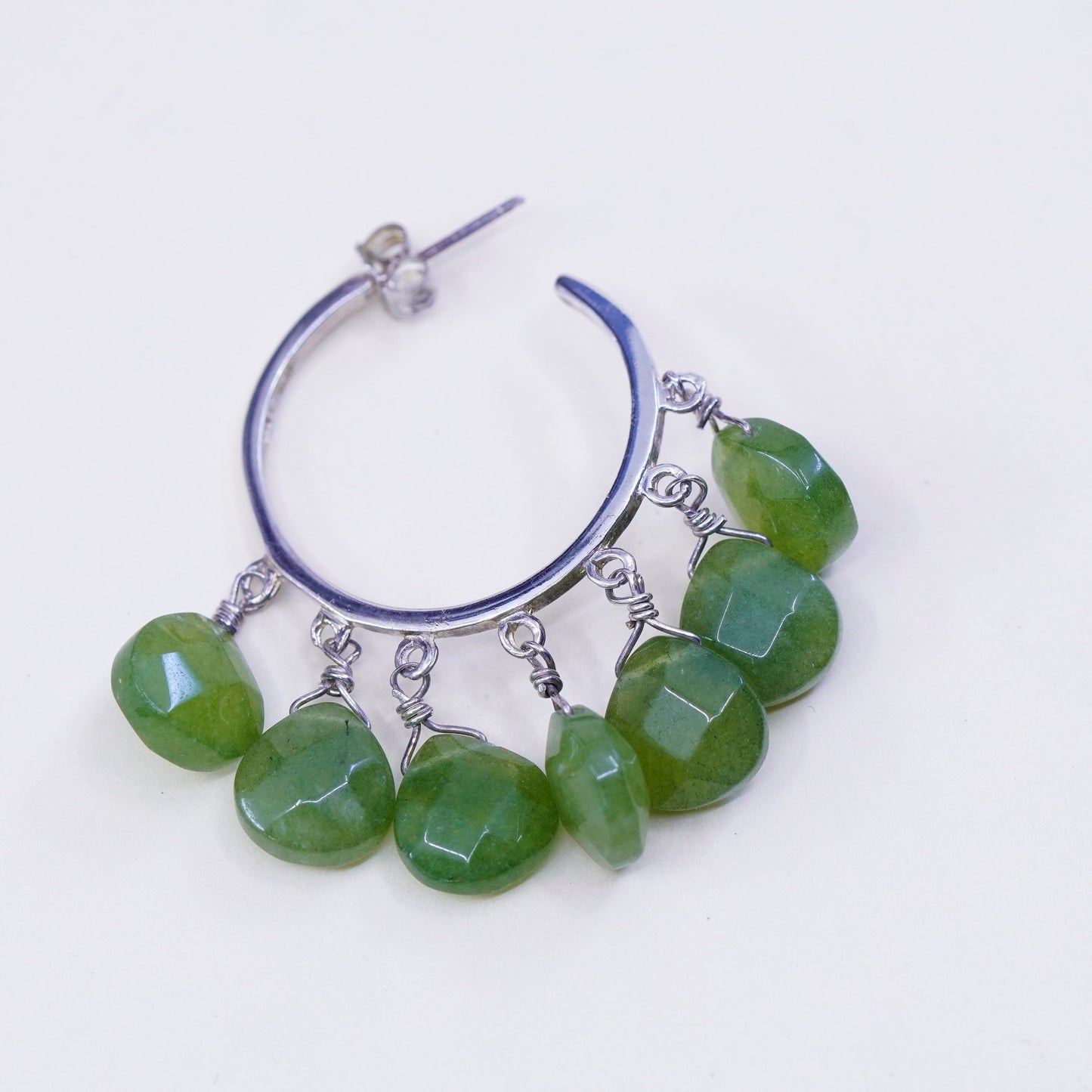 Sterling silver handmade earrings, 925 hoops Huggie with cluster teardrop jade