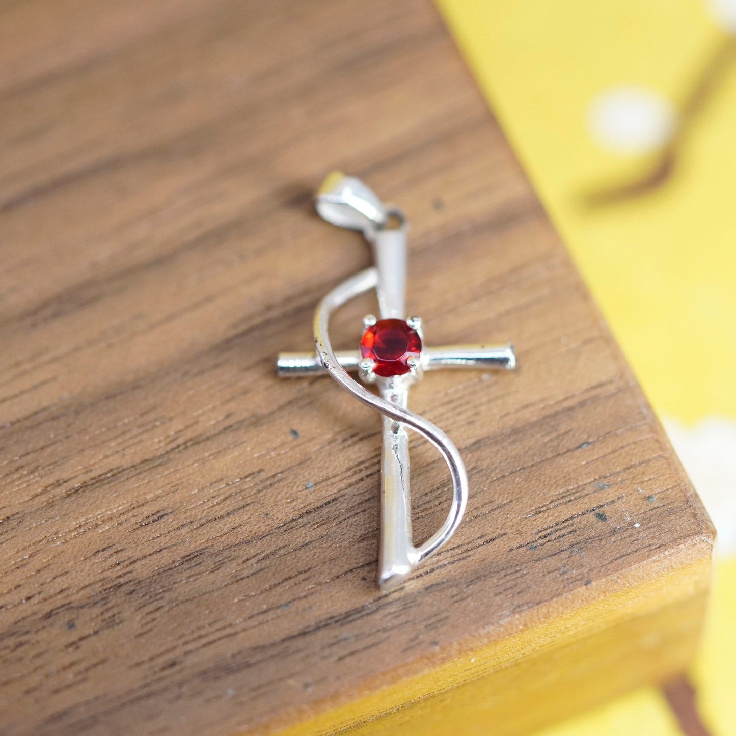 Vintage Sterling silver handmade pendant, 925 cross with red Cz, Christian